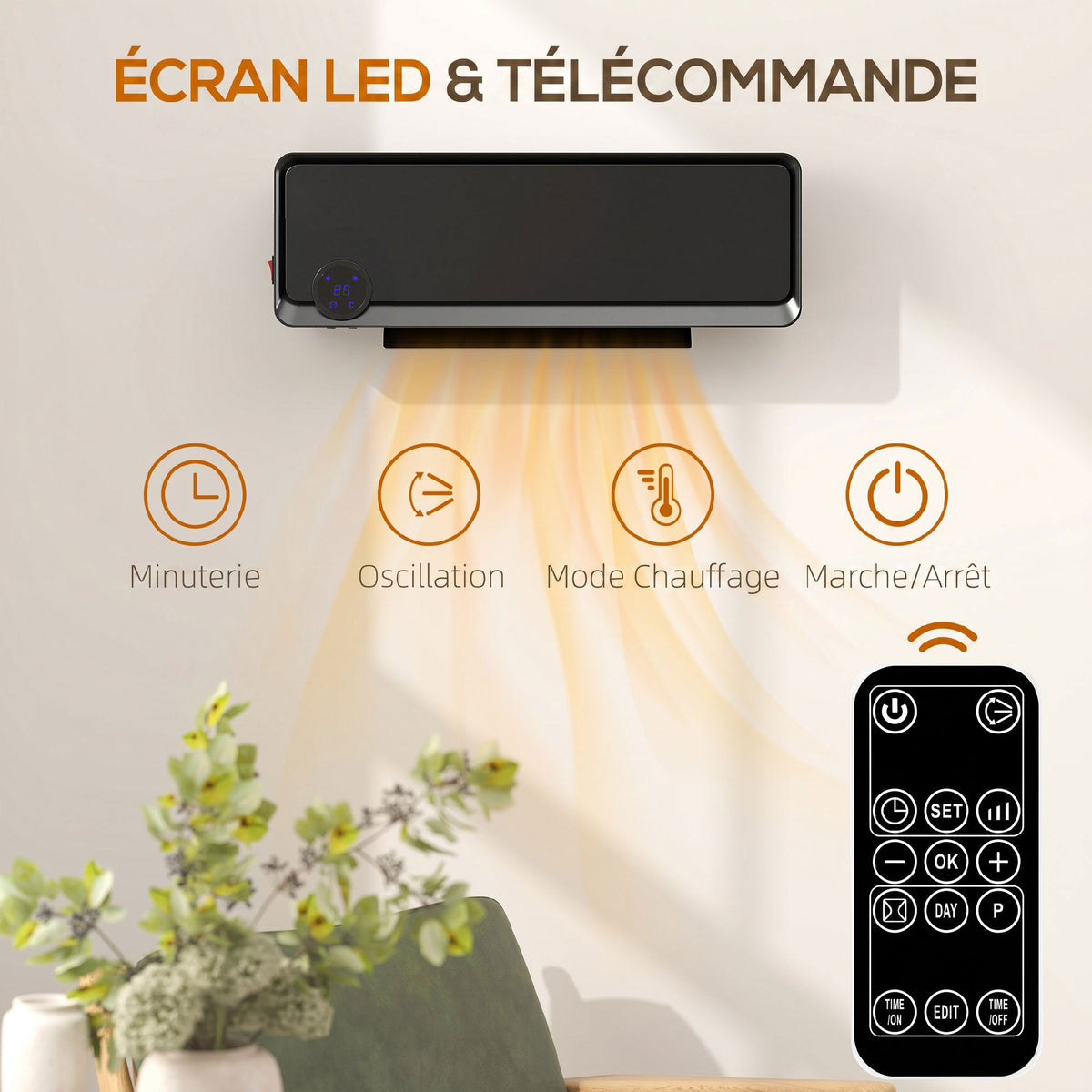 Radiateur Mural Soufflant Oscillant 2000 W, Chauffage Céramique PTC, 3 Niveaux de Puissance, 56x11,7x18,5cm, Noir-4