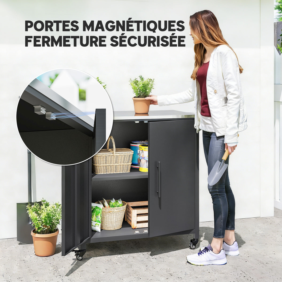 Armoire de jardin en Métal, Armoire de Rangement Extérieur, Toit en Acier Inoxydable et Roulettes, Noir-7