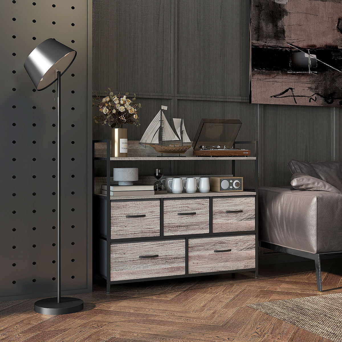Meuble de rangement style industriel commode 5 tiroirs en tissu pliables et amovibles et étagères - 98l x 29P x 85H cm-1