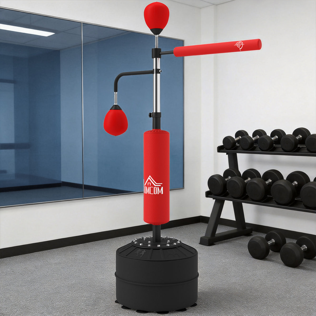 Sac de frappe sur pied 4 en 1 punching ball autonome balles de vitesse barre rotative gants 88 x 50 x 160-230 cm rouge-1