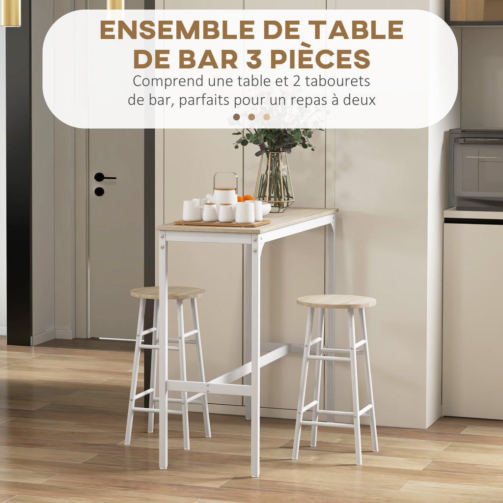 Ensemble table haute de bar + 2 tabourets structure en acier plateau aspect bois naturel 2 personnes blanc-3