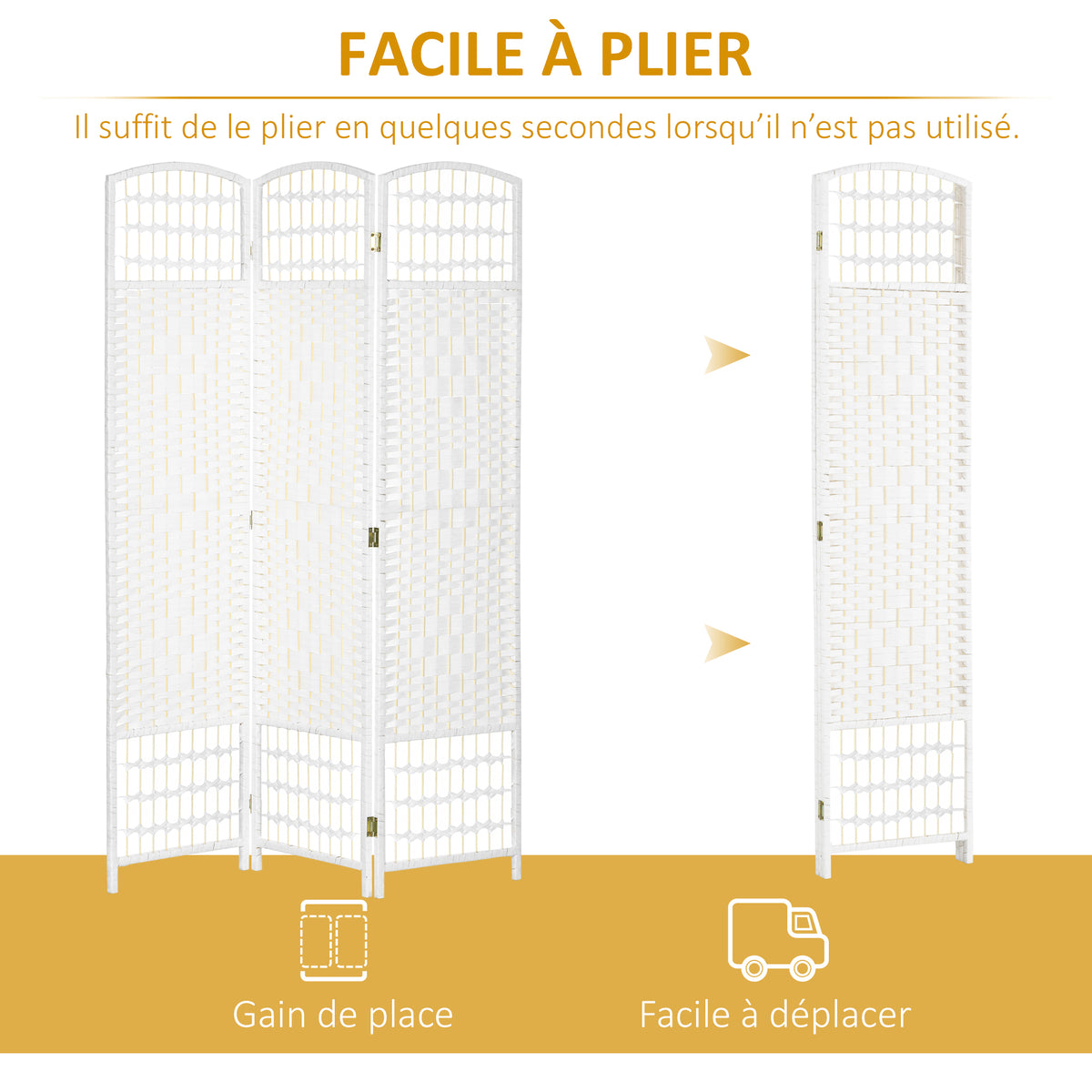 Paravent intérieur en bois séparateur de pièce cloison pliable 3 panneaux 120 x 170 cm blanc-3