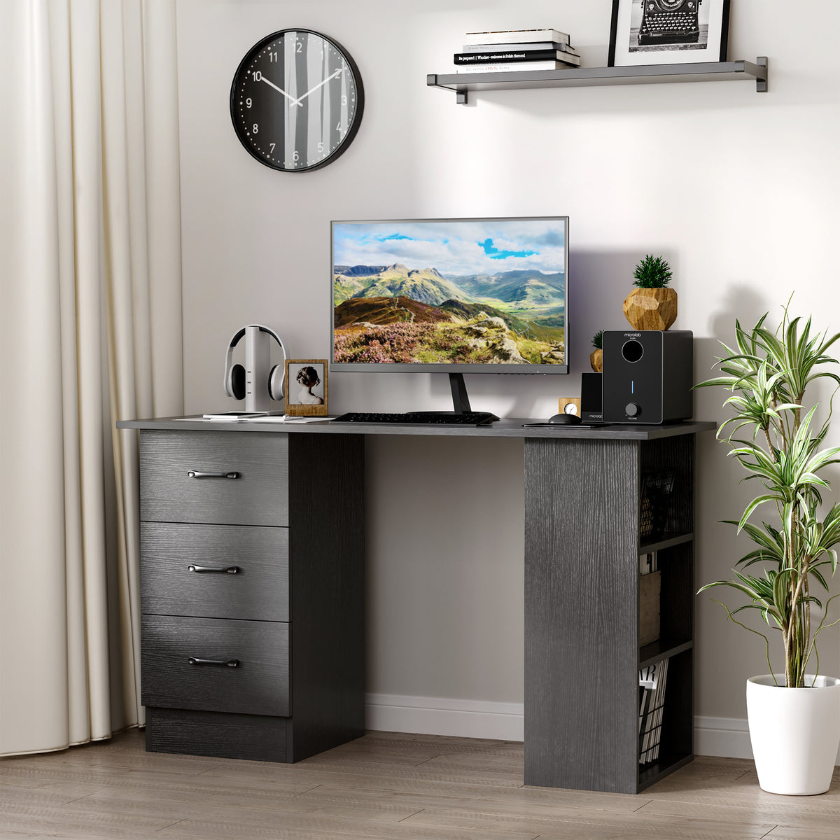 Bureau d'ordinateur avec 3 tiroirs et 3 étagères ouvertes, 120x49x72cm, bureau avec rangement réversible, style moderne, table informatique pour chambre, petit espace, télétravail, noir-1