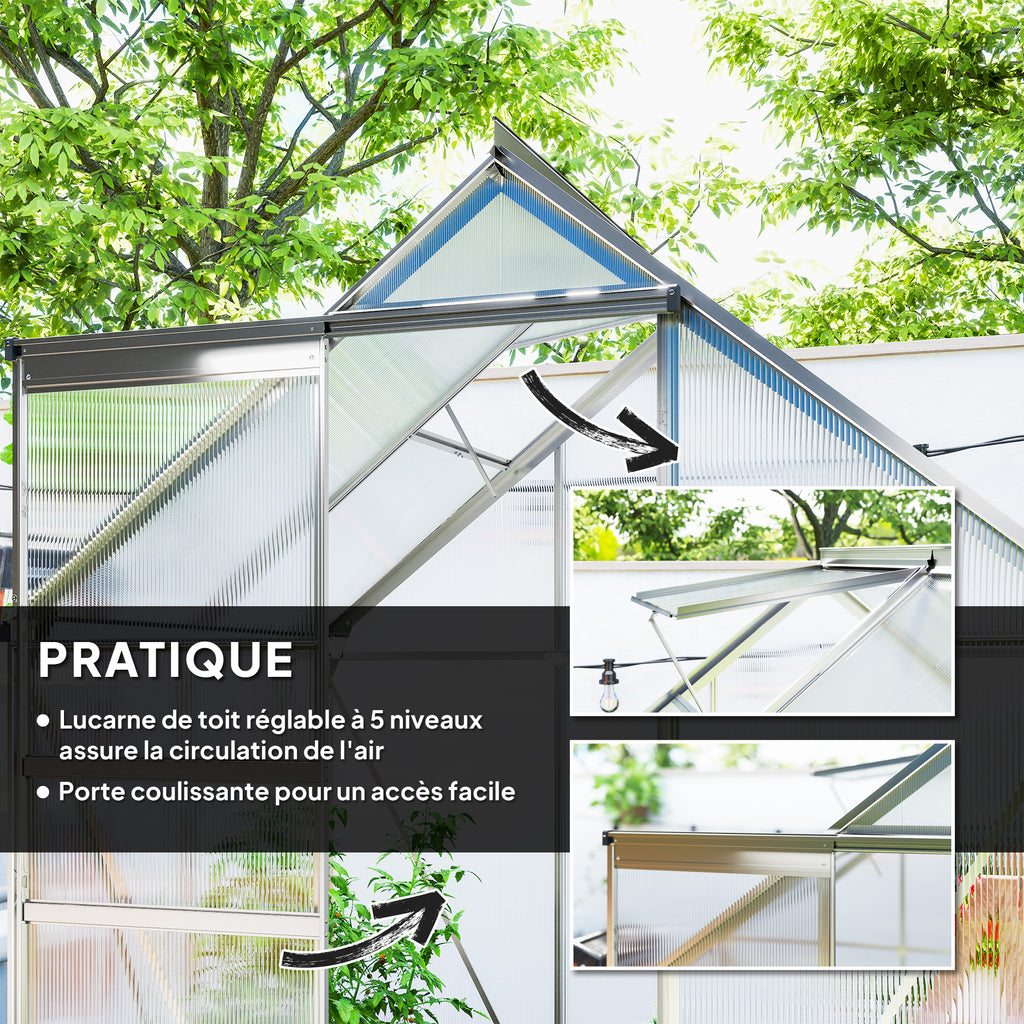 Serre de jardin en aluminium polycarbonate avec fondation, serre avec fenêtre réglable porte coulissante 192,5x131x200cm-4