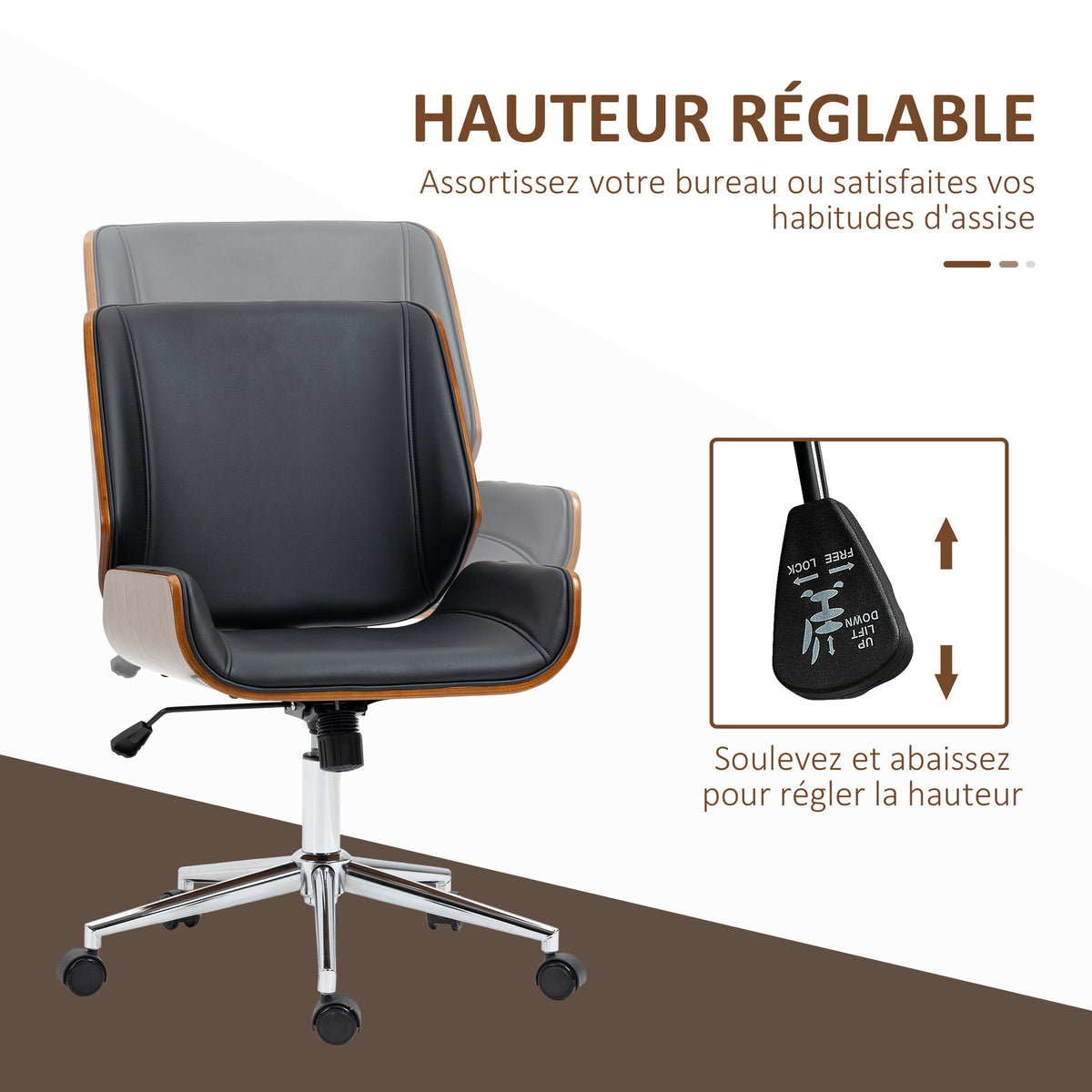 Chaise de bureau design vintage hauteur réglable pivotant 360° piètement chromé 53 x 60 x 86-96 cm gris-3