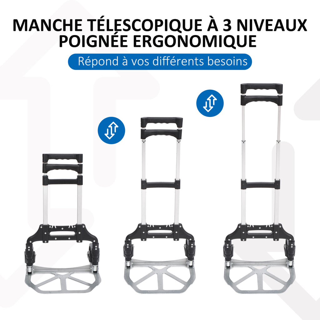 Chariot diable pliable leger telescopique charge 70kg en aluminium argent-noir-4
