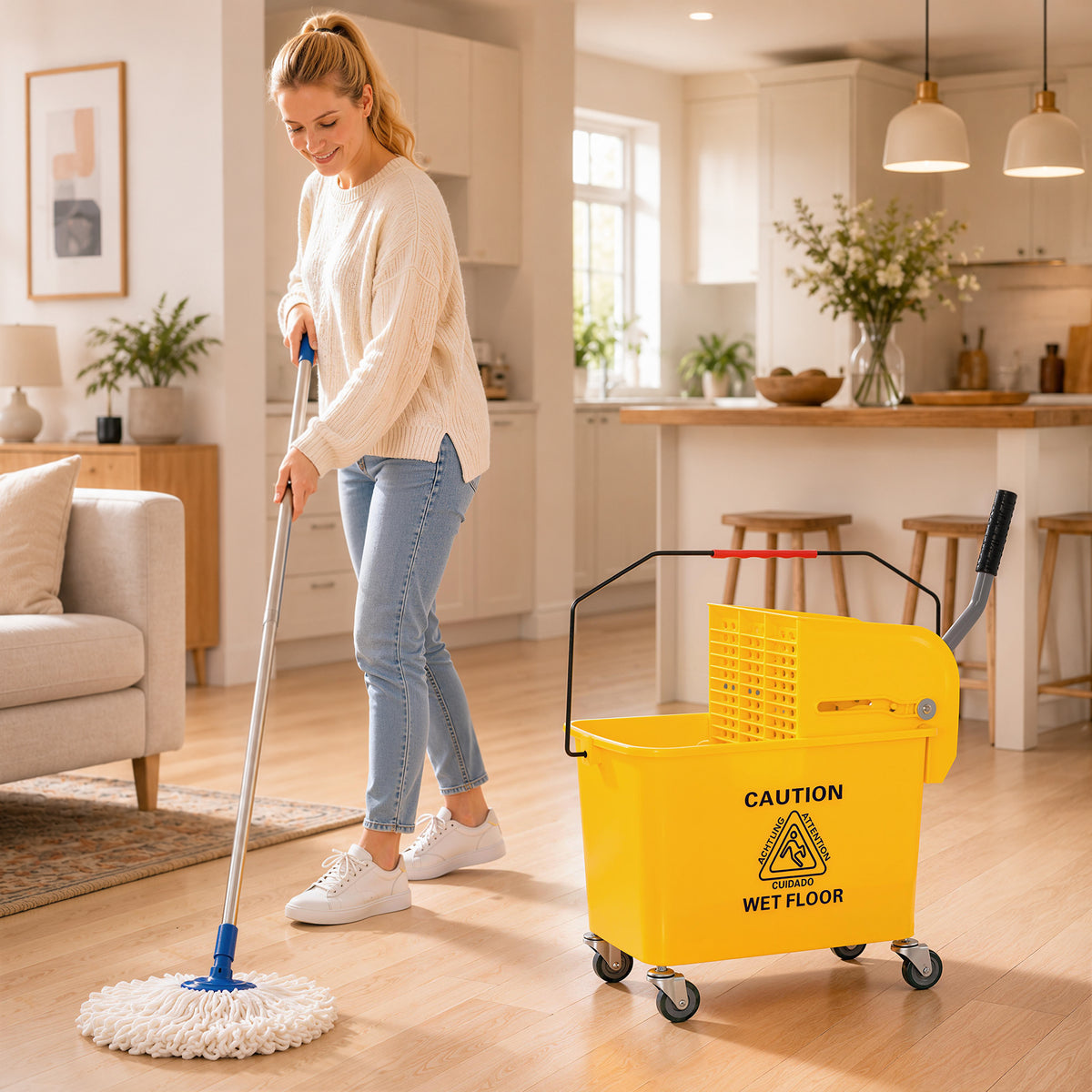Chariot de nettoyage lavage seau de ménage 20 L avec essoreur et séparateur eau sale propre jaune 60L x 27l x 70,5H cm-1