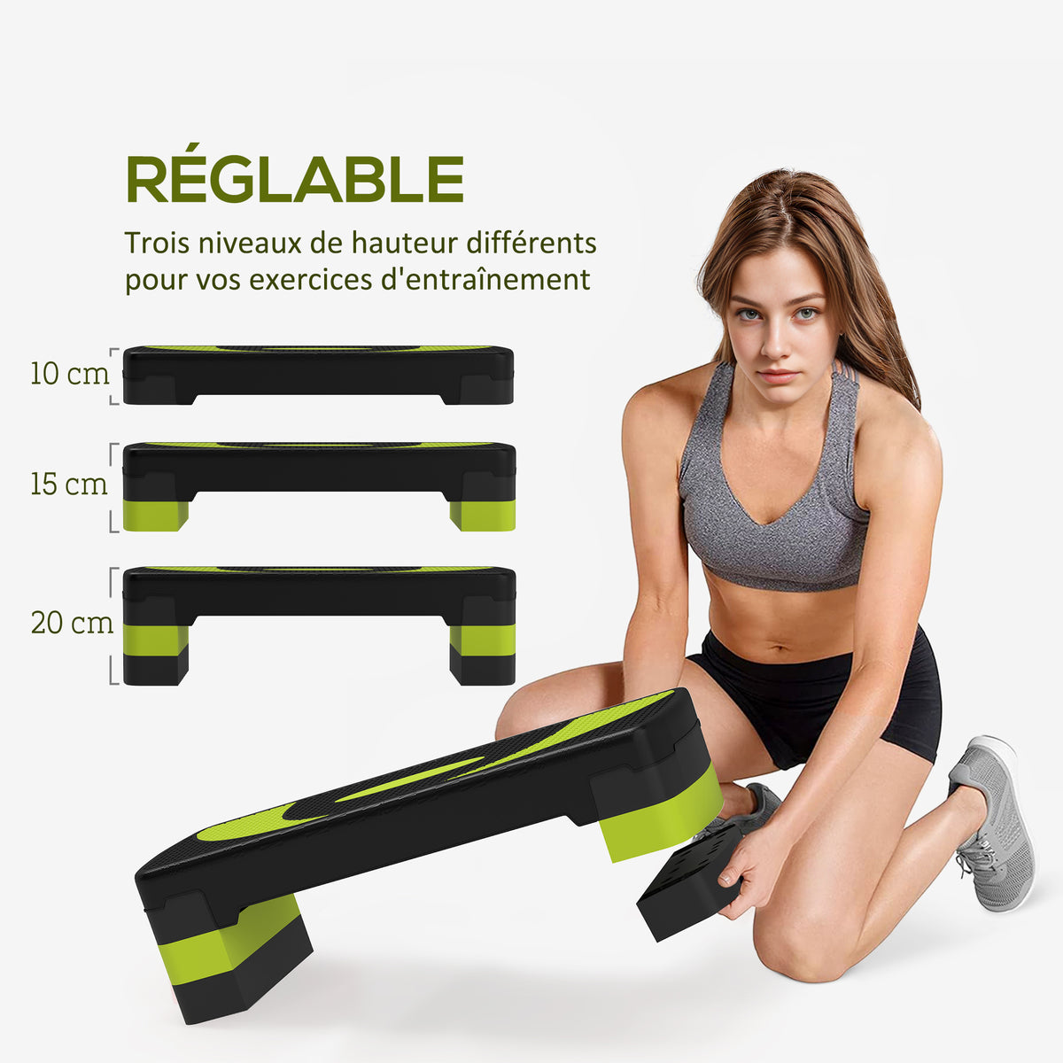 Stepper fitness aérobic hauteur réglable surface antidérapante 80 x 31 x 20 cm noir vert-3