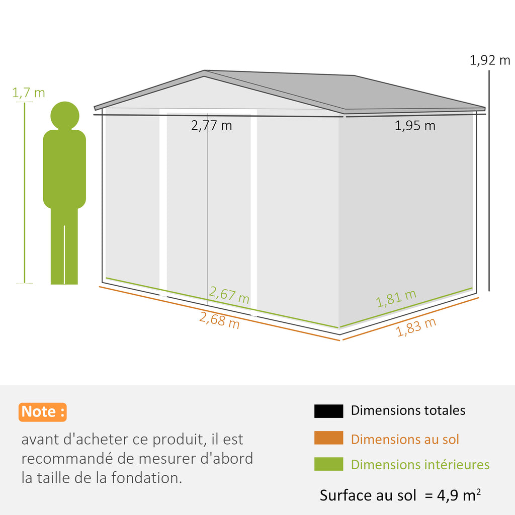 Abri de jardin 5,4 m² 2,77 x 1,95 x 1,92 m kit de fondation porte coulissante ventilations acier galvanisé, vert clair-2