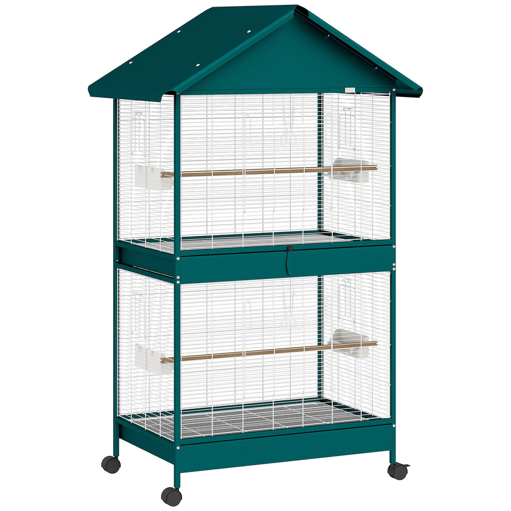 Cage à oiseaux sur roulettes avec séparateur amovible, 4 mangeoires et 2 perchoirs, 2 plateaux coulissants, 94x70x158cm-0