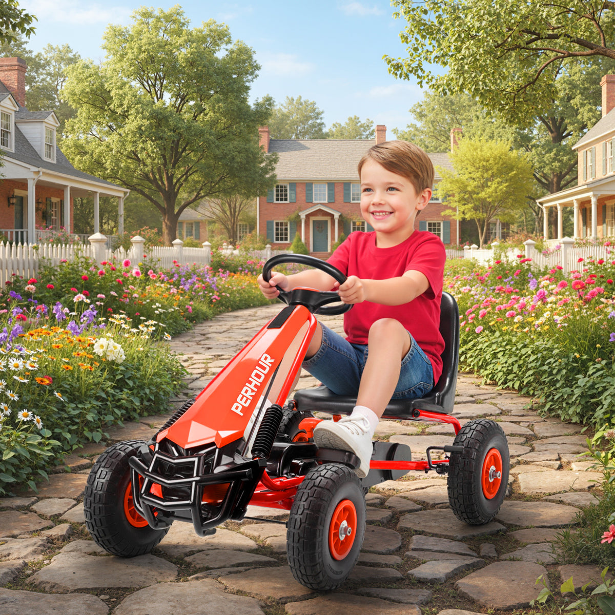 Kart à pédales Go-Kart pour enfants siège réglable pneus EVA embrayage manuel et frein 110 x 61 x 62 cm rouge-1