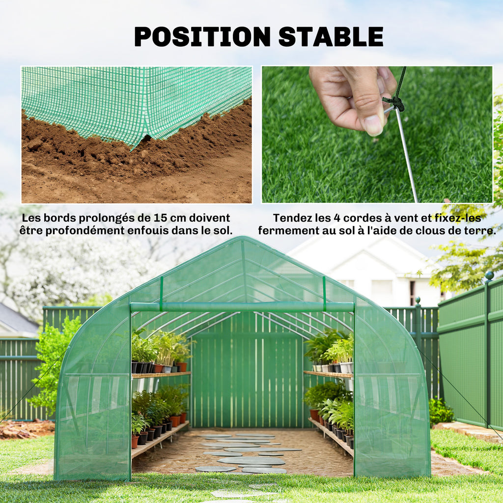 Serre de jardin tunnel grande taille avec bâche PE cadre en acier porte enroulable et 12 fenêtres 8 x 3 x 2 m vert-5