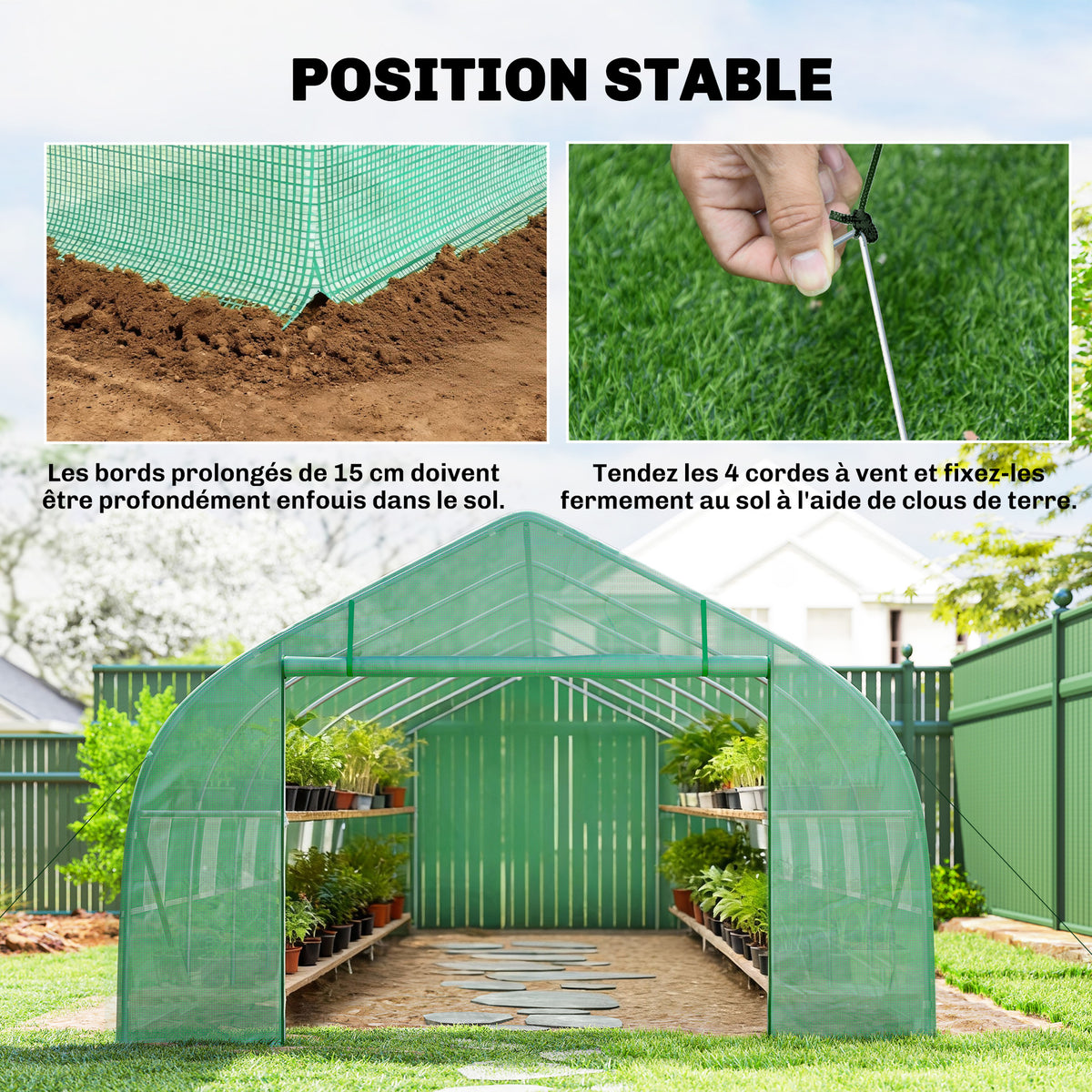 Serre de jardin tunnel grande taille avec bâche PE cadre en acier porte enroulable et 12 fenêtres 8 x 3 x 2 m vert-5
