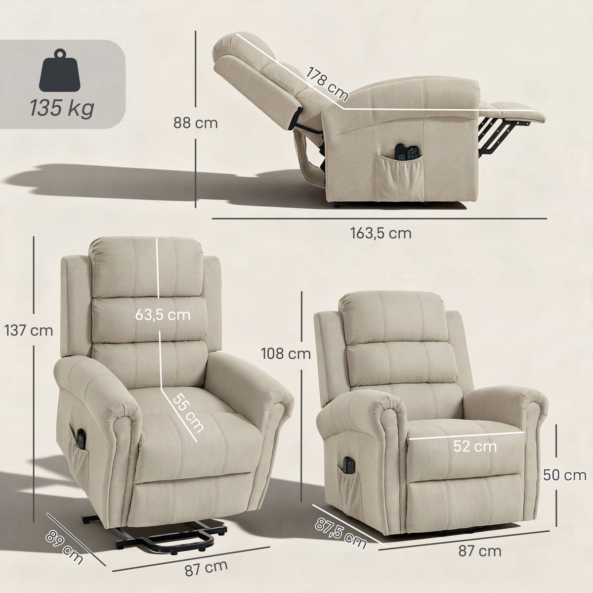 Fauteuil releveur électrique, fauteuil relax électrique avec fonction massage et chauffage, 87 x 87,5 x 108 cm, beige-2