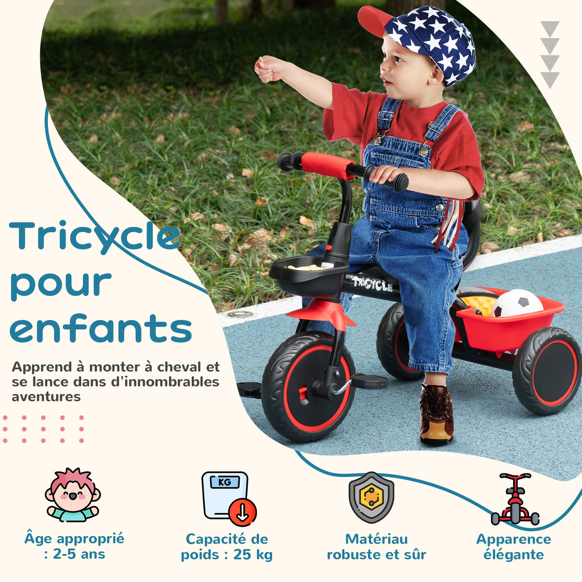 Tricycle pour enfant évolutif avec siège réglable pédales 2 paniers ceinture pour enfant de 2 à 5 ans rouge et noir-3