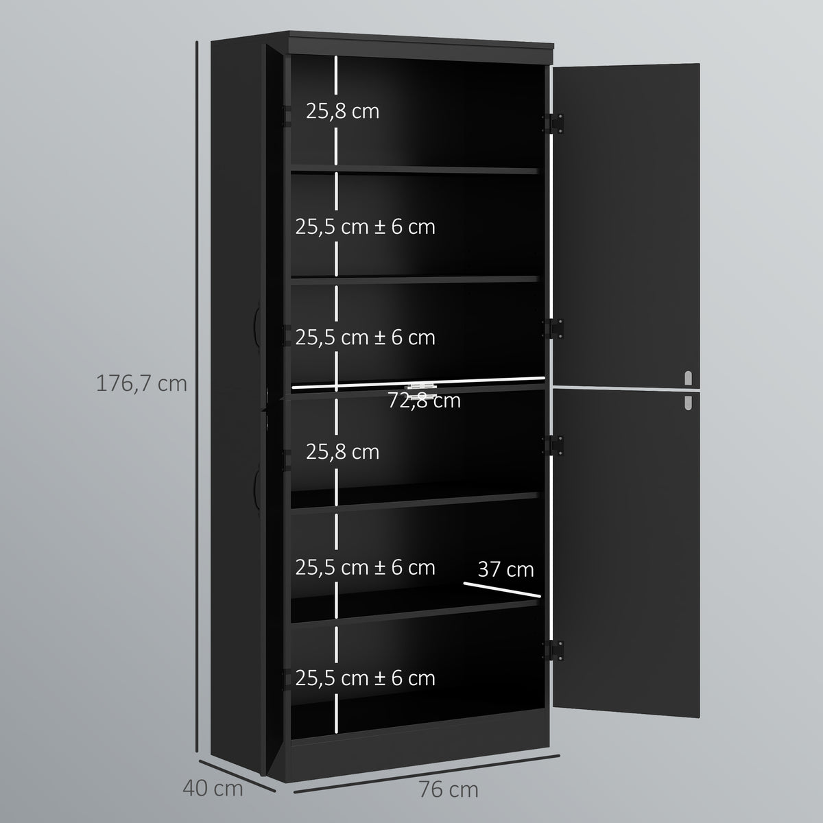 Buffet haut cuisine, armoire de cuisine avec 4 portes à 6 niveaux et étagères réglables, 76 x 40 x 176,7 cm, noir-2