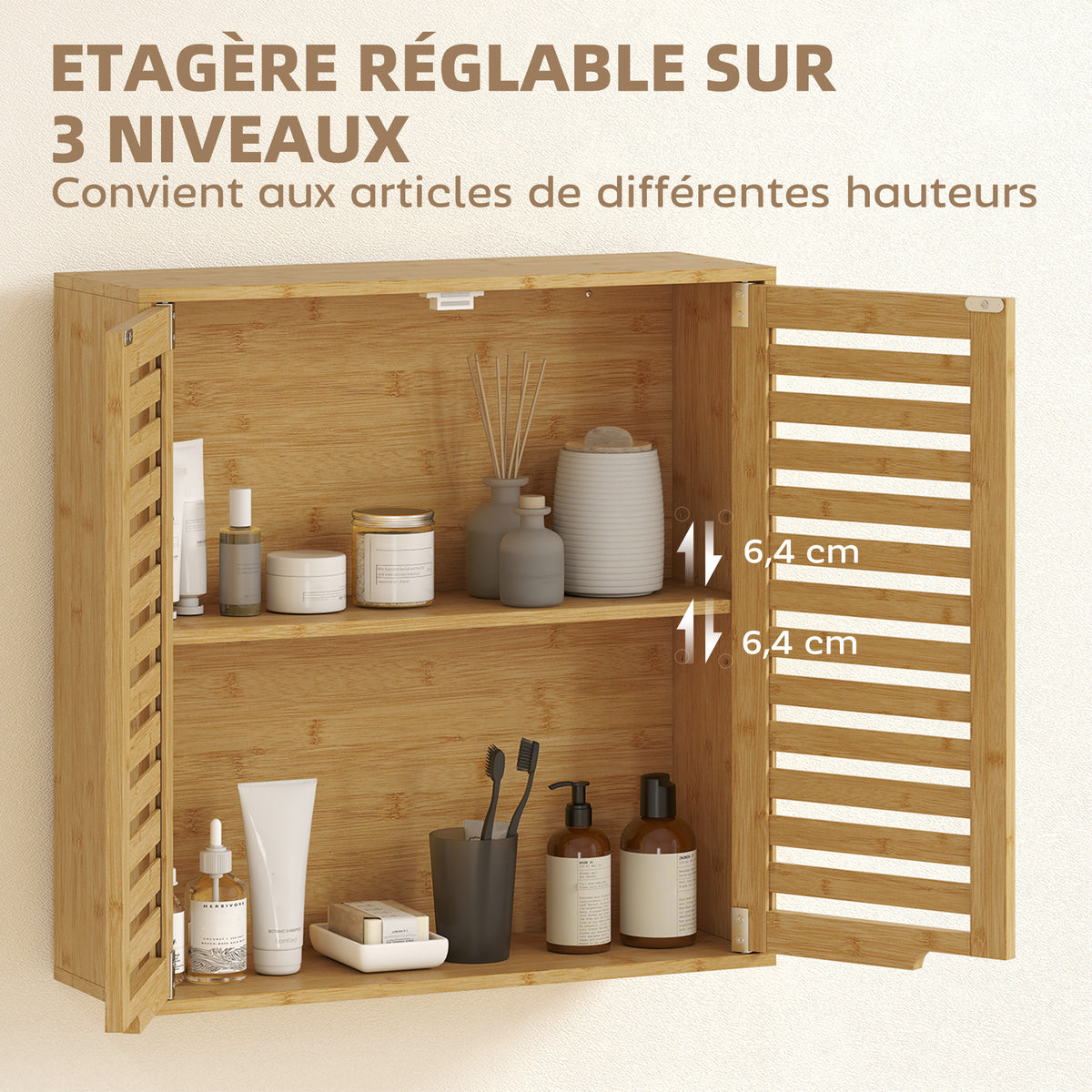 Armoire murale de salle de bain, meuble de rangement avec étagère réglable, en bambou 60 x 20 x 60 cm effet bois naturel-4