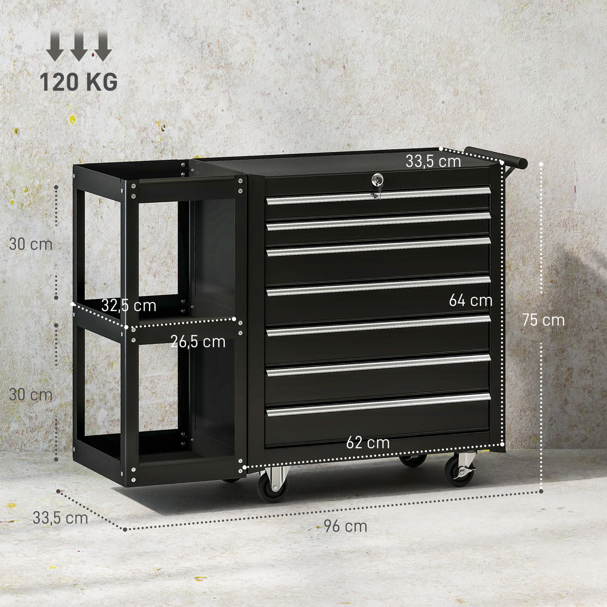 Servante d'Atelier en Acier à 7 Tiroirs, Chariot à Outils sur Roulettes avec Étagère Latérale Amovible, Noir-2