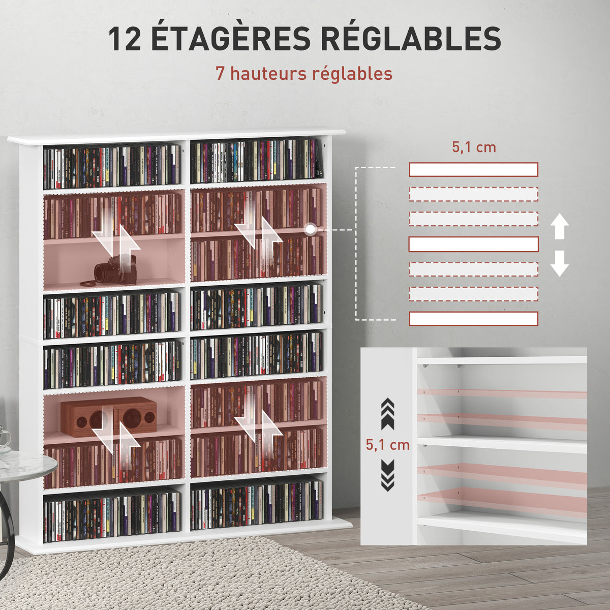 Rangements pour CD et DVD avec 16 compartiments et 12 étagères réglables, capacité max. 720 CD/396 DVD et Blu-ray, blanc-4