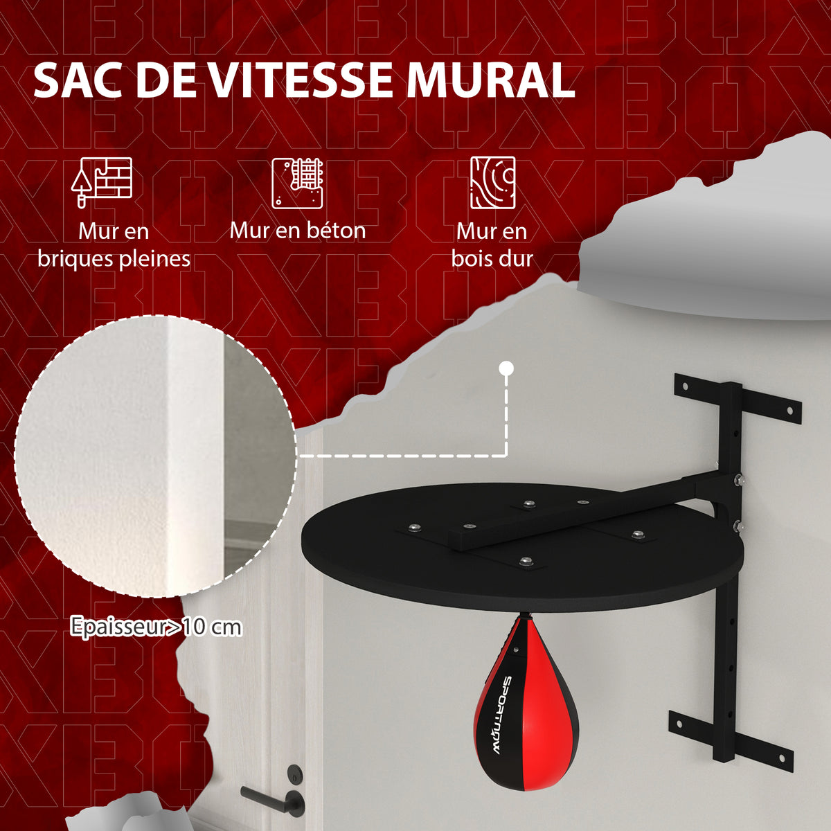 Plateforme murale avec poire de vitesse sac de frappe pour entraînement de boxe, hauteur ajustable pivotant à 360°-4