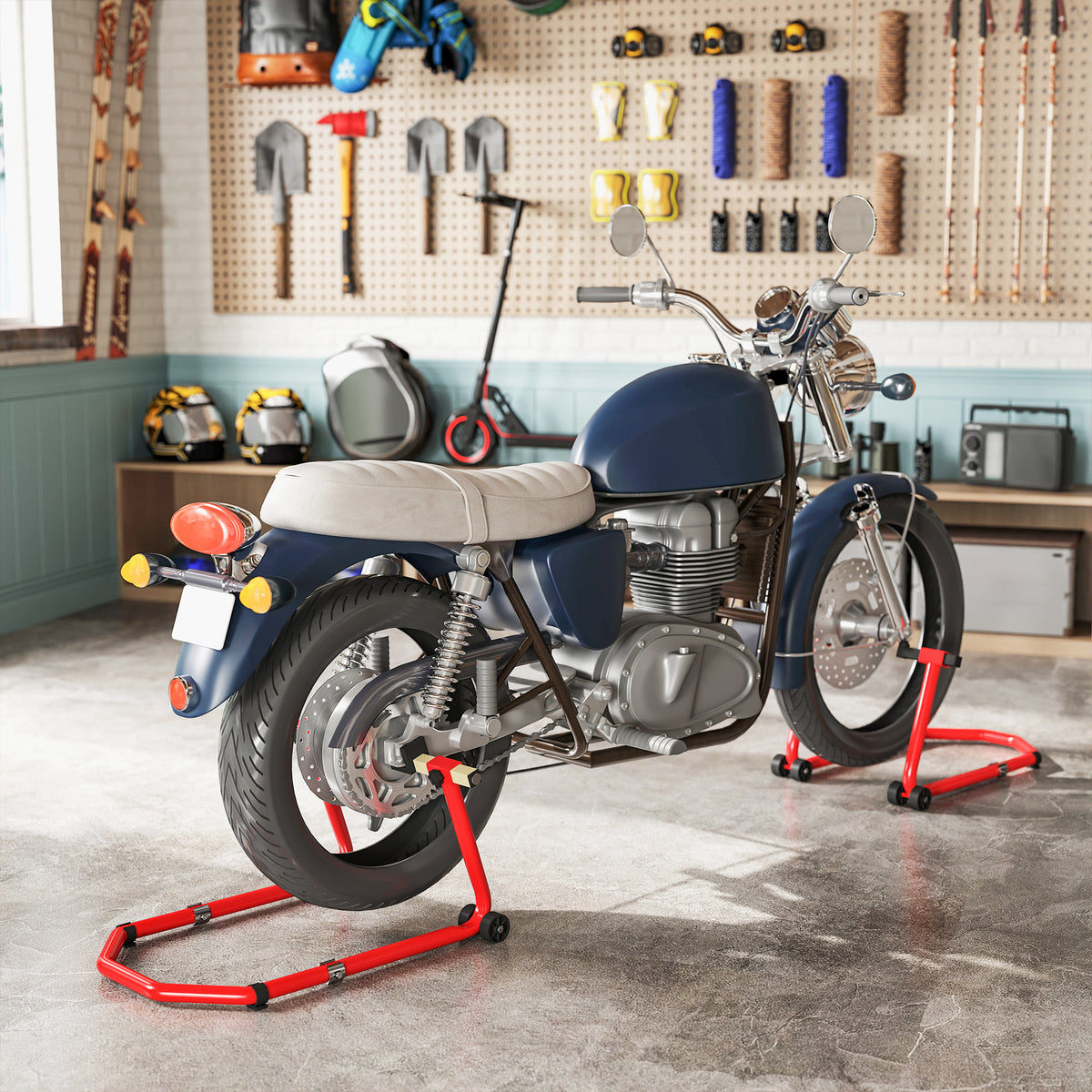 Béquille Moto, Capacité 390 kg, Support Avant et Arrière Réglable avec Fourches U+L, Clips de Serrage, 43x36x64cm, Rouge-1