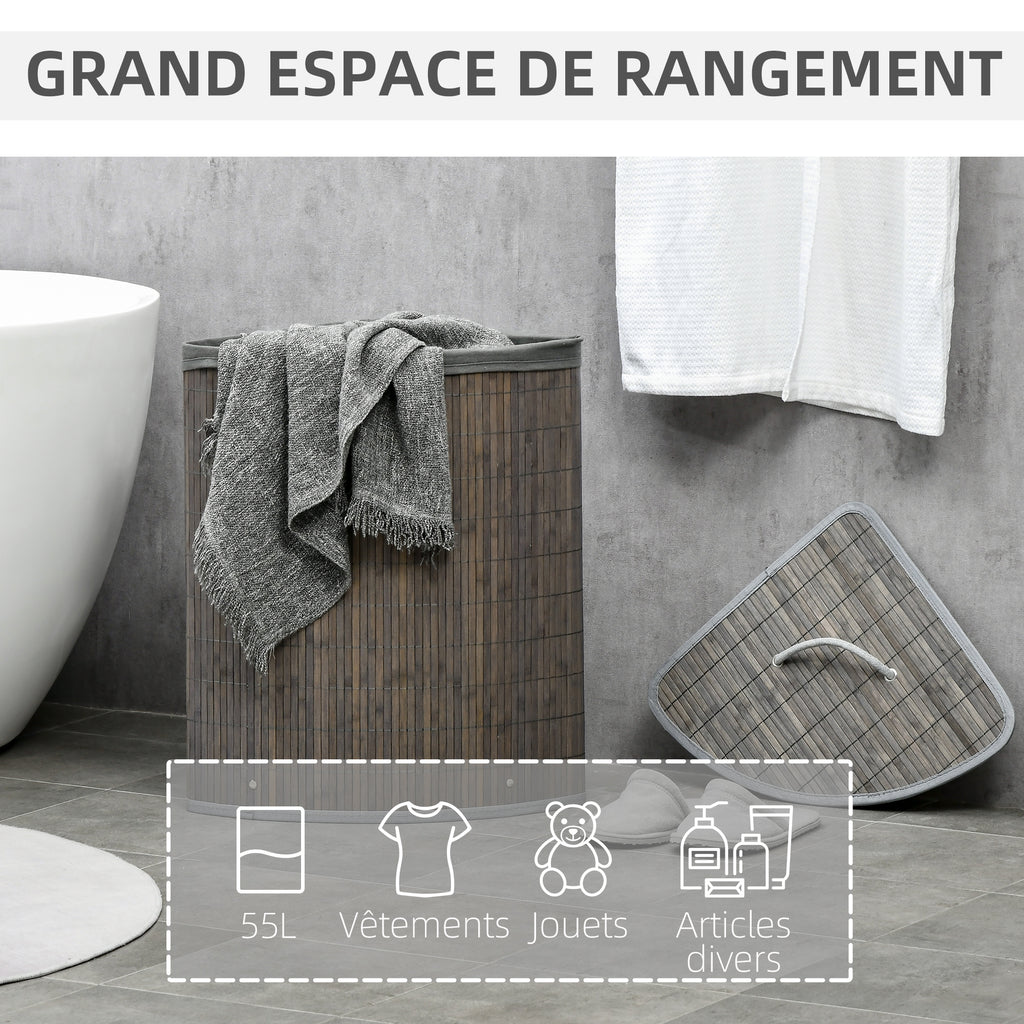 Panier à linge en bambou d'angle 55L avec couvercle et sac amovible 38 x 38 x 57 cm gris-3