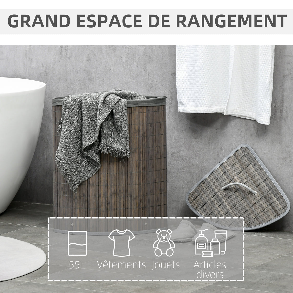 Panier à linge en bambou d'angle 55L avec couvercle et sac amovible 38 x 38 x 57 cm gris-3