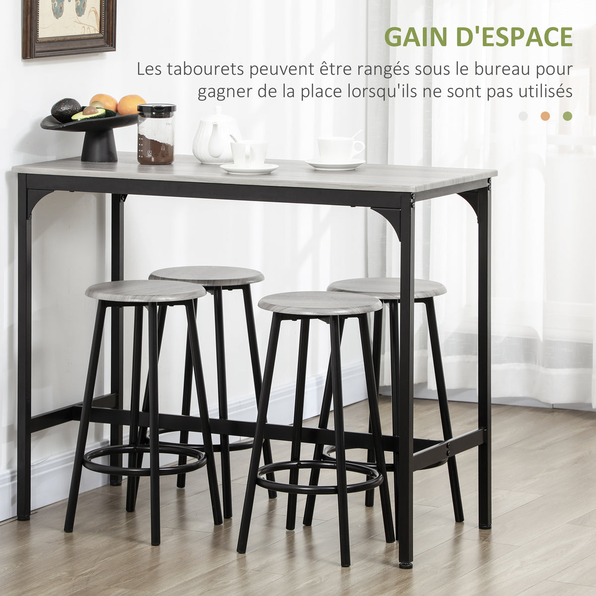 Ensemble table haute et 4 tabourets avec Repose-Pieds, métal noir et aspect bois pour cuisine salle à manger-4