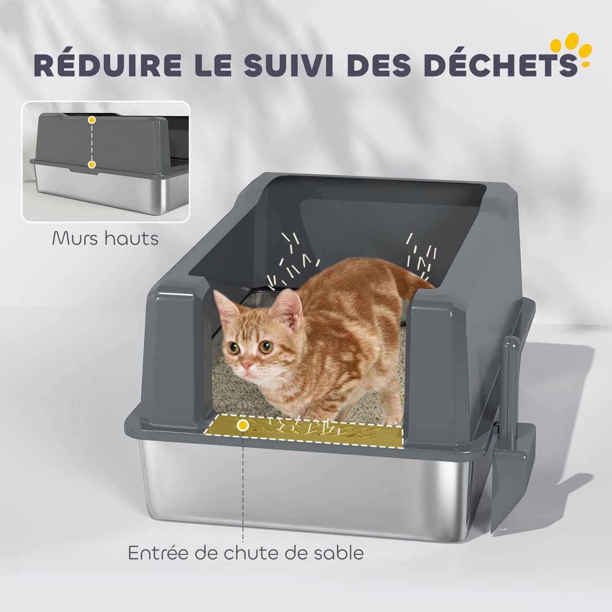 Bac à litière pour chat en acier inoxydable 85L grande capacité maison de toilette semi-fermée, 71 x 50,8 x 35,5 cm gris-4