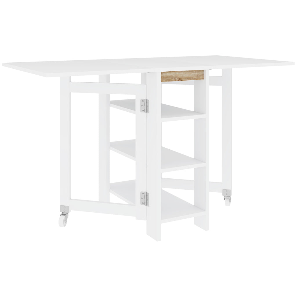 Table à Manger Pliante sur Roulettes, Table de Cuisine pour 2 à 4 Personnes avec Étagères de Rangement, Blanc-0