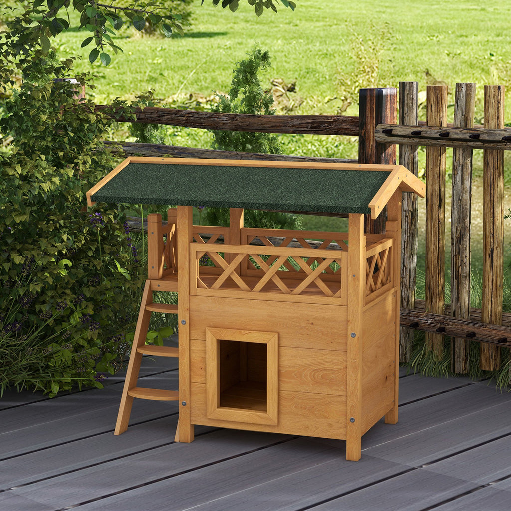 Cabane Chat Extérieur avec Terrasse, Escalier, Toit, Niche Villa, 77 x 50 x 73 cm Bois Naturel et Vert-1