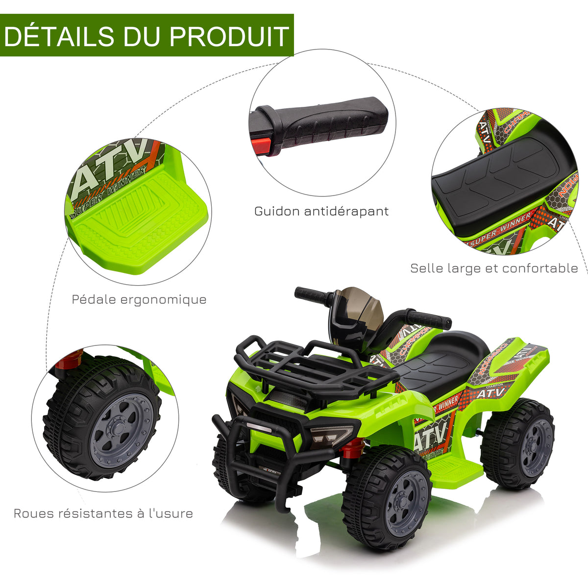 Quad buggy voiture électrique enfant quad électrique 18-36 mois 6 V 2 Km/h max. vert-4