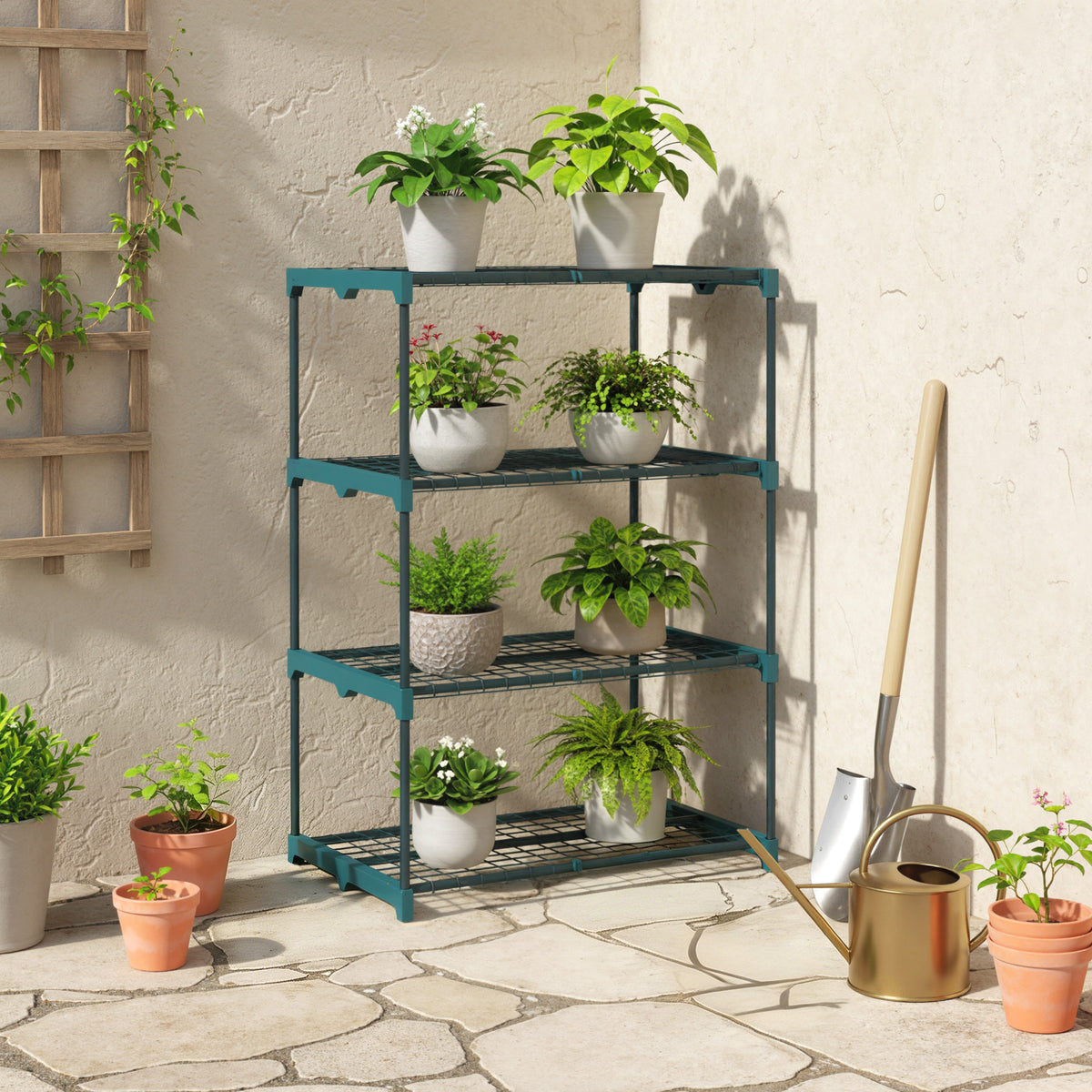 Étagère à fleurs en acier 4 niveaux intérieur et extérieur support de plantes pour jardin balcon salon 67x49x105cm vert-1