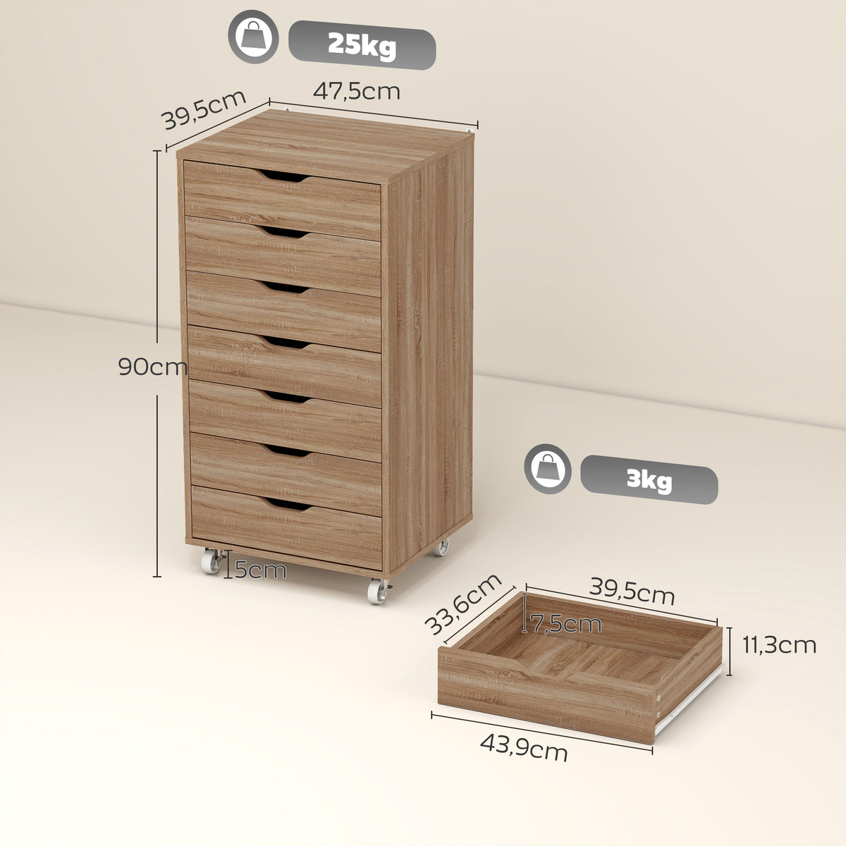 Caisson de bureau à roulette meuble rangement bureau avec 7 tiroirs organisateur pour documents, format A4 ou lettres-2