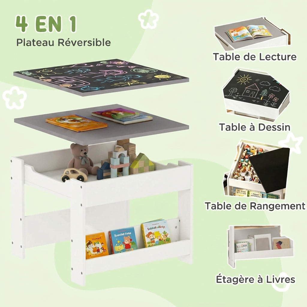 Ensemble 3 pièces table et 2 chaises pour enfant avec plateau réversible tableau noir, panier de rangement, étagères-3