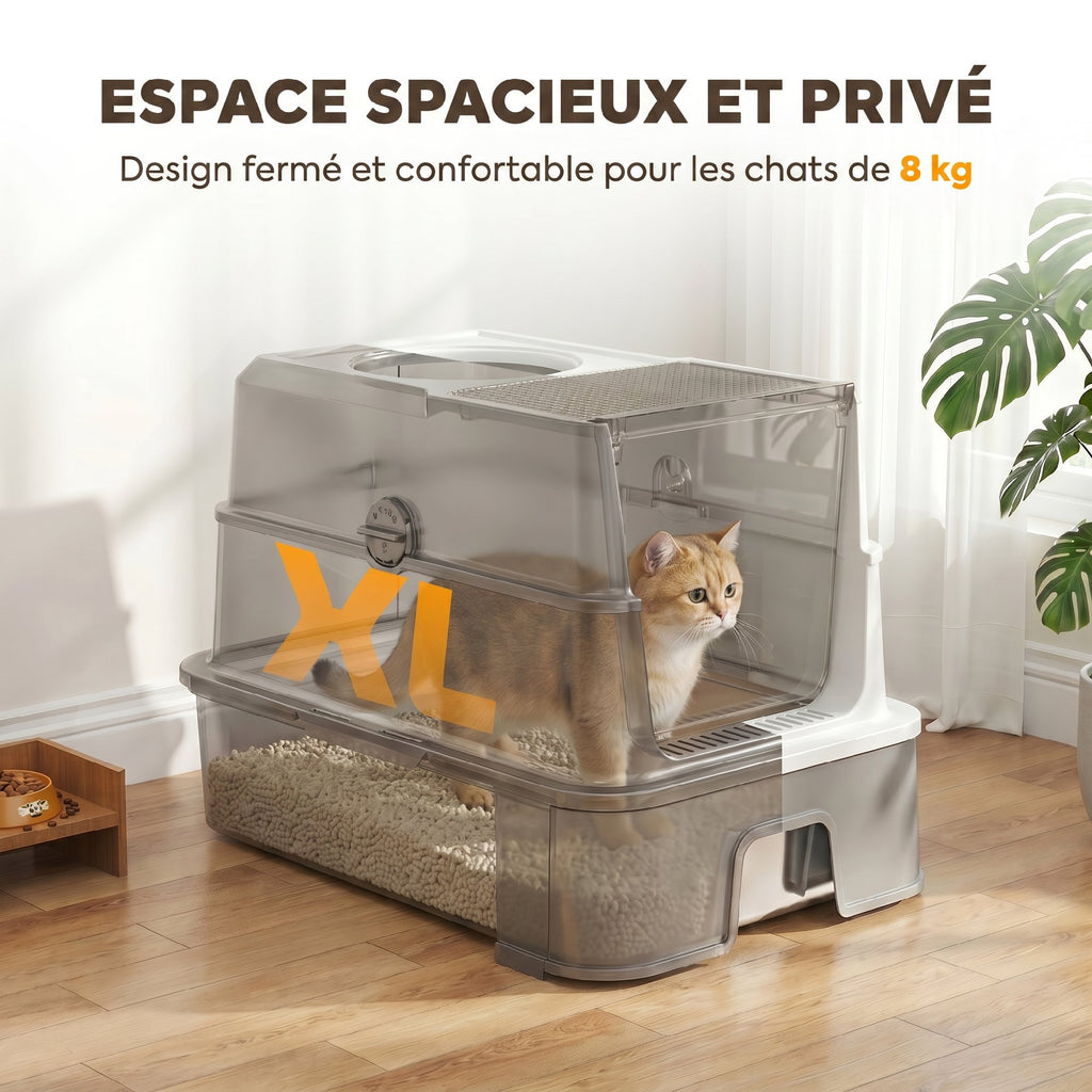 Bac à Litière pour Chat en Inox, Tiroir Coulissant, Couvercle Amovible, Pelle, Sacs Filtrants，Pédale, 60x40x45cm, Gris-6