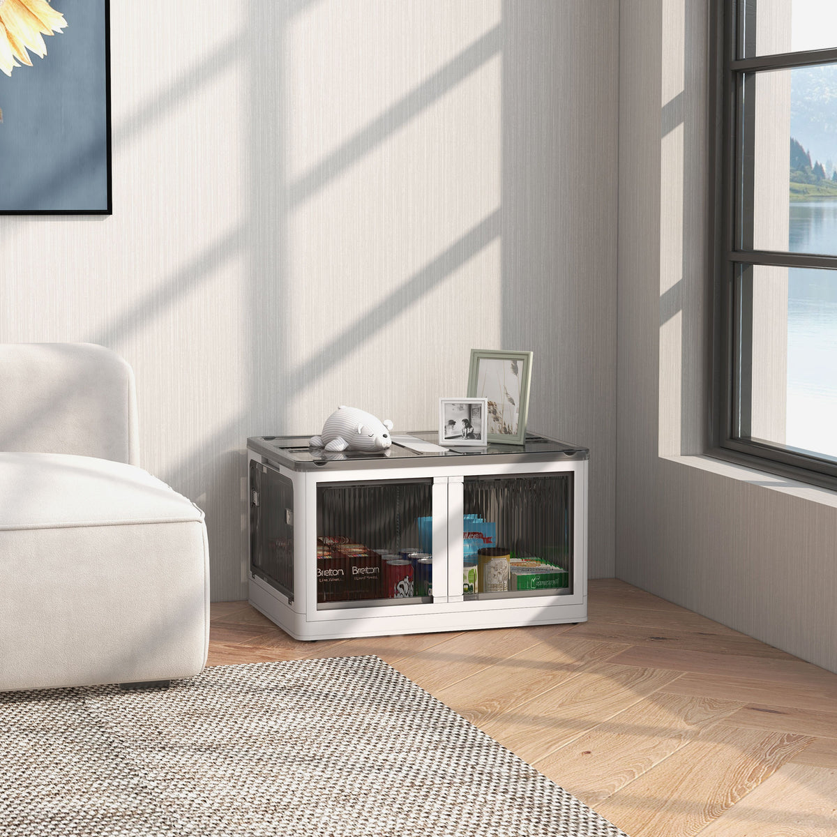 Boîte de rangement pliable et empilable 99L en plastique avec couvercle et 4 roulettes, accès à 5 côtés, blanc-1