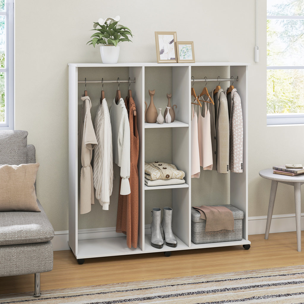 Armoire penderie meuble de rangement mobile 6 roulettes 120 x 40 x 128 cm en bois blanc-6