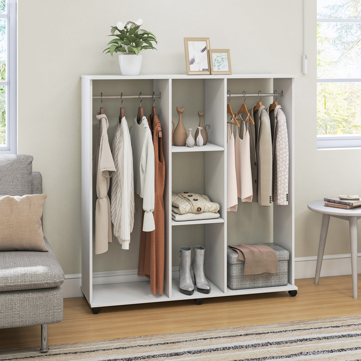Armoire penderie meuble de rangement mobile 6 roulettes 120 x 40 x 128 cm en bois blanc-6