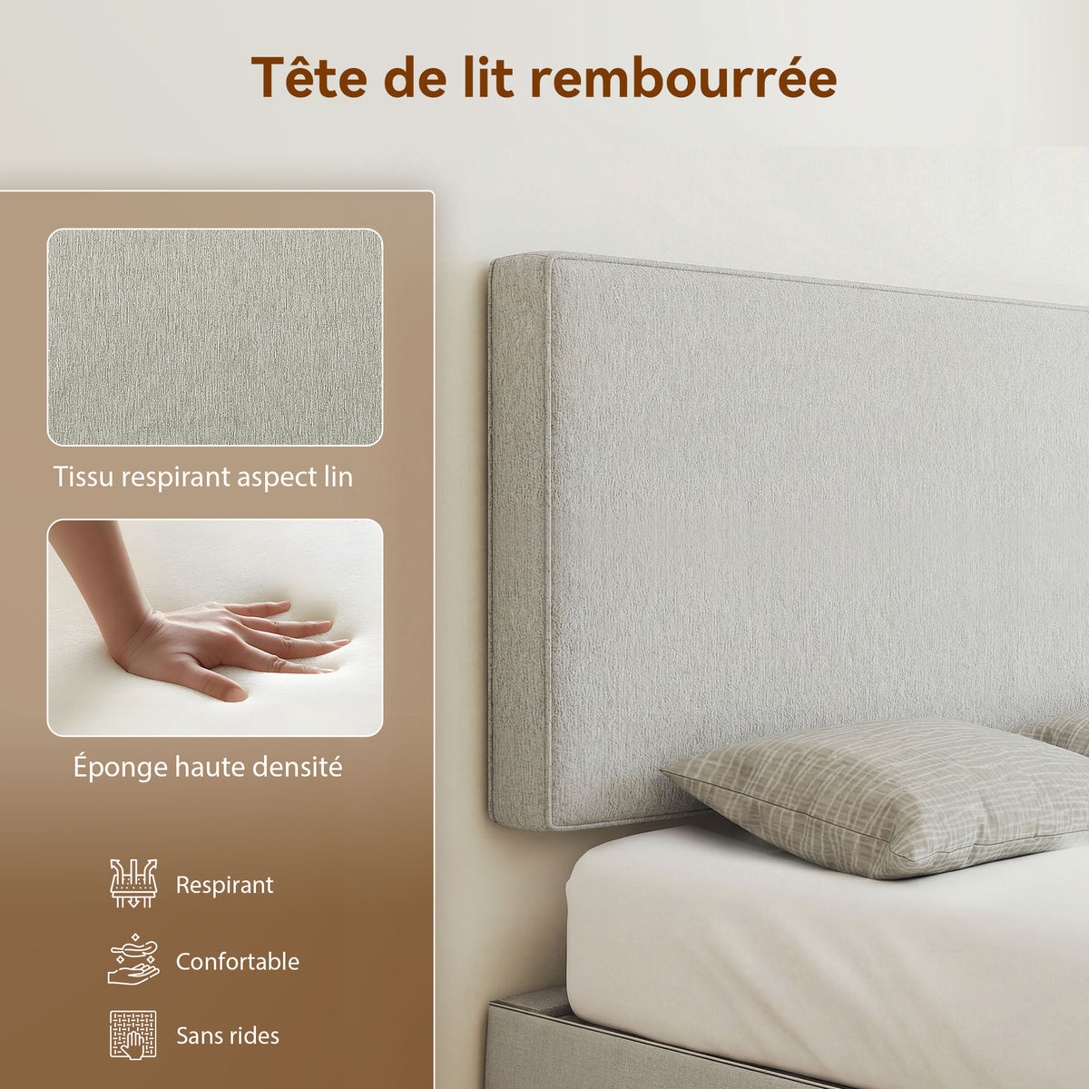Tête de lit murale en lin, 140 x 60 cm, tête de lit suspendue rembourrée pour chambre à coucher, crème-4