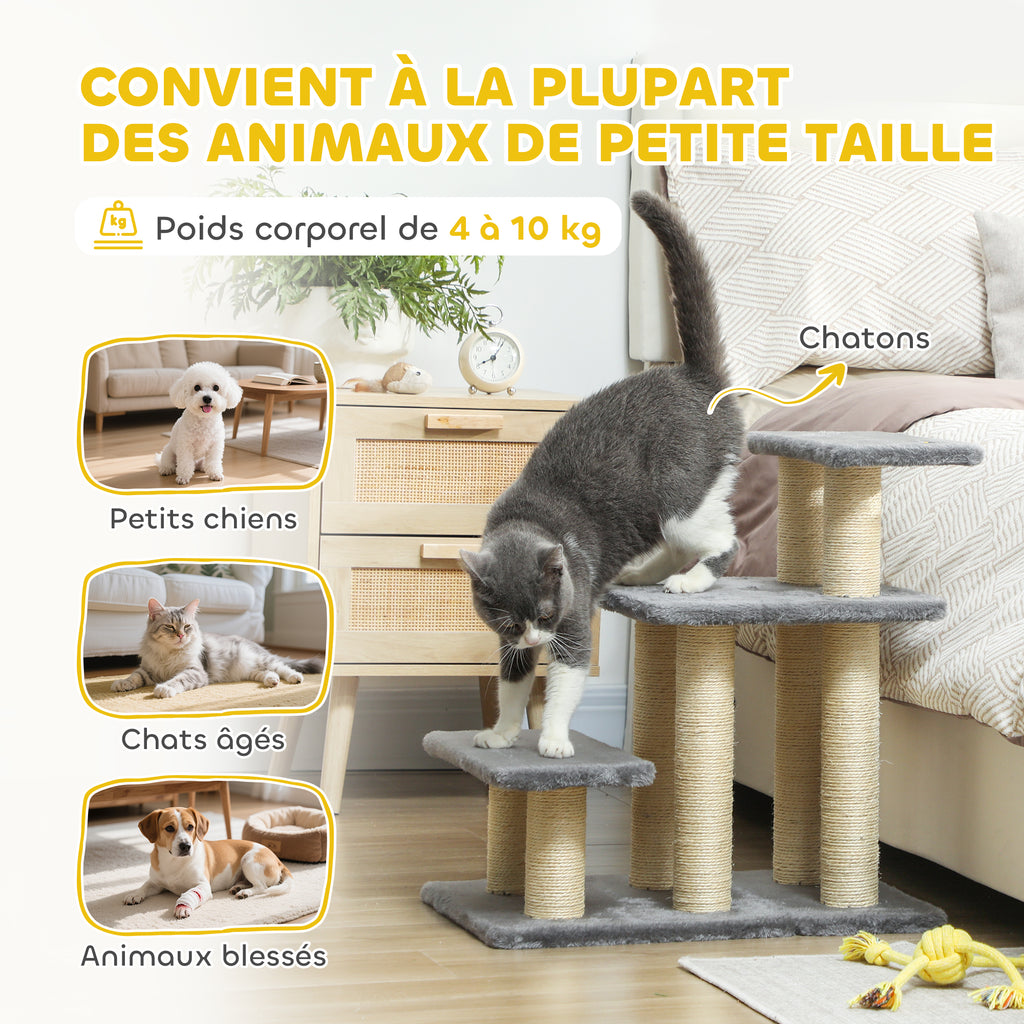 Escalier pour animaux domestiques réglable 3 marches échelle pour chat chien griffoirs en sisal balle 52x34,5x54cm gris-6