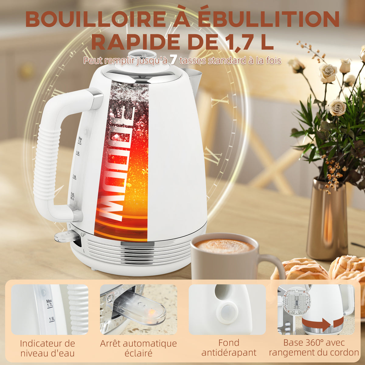 Ensemble bouilloire et grille-pain, bouilloire en acier inoxydable 1,7 L et 2200 W et grille-pain à 4 tranches, blanc-3