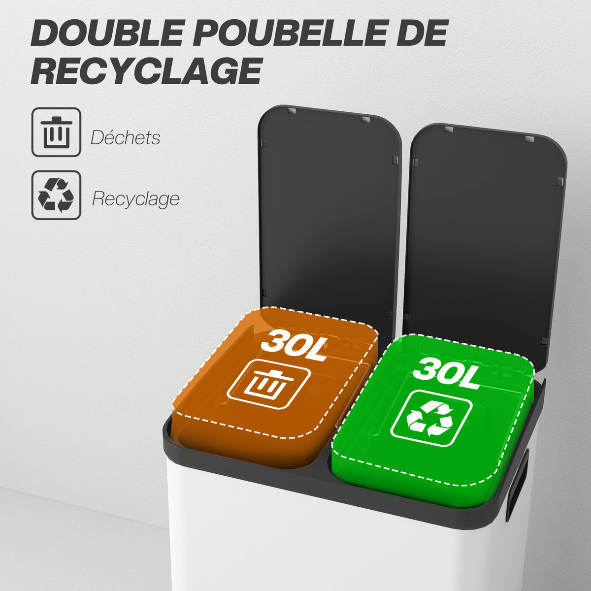 Poubelle de cuisine 2 x 30L avec pédale en métal, 2 compartiments, couvercle à fermeture douce, 60L, blanc-3