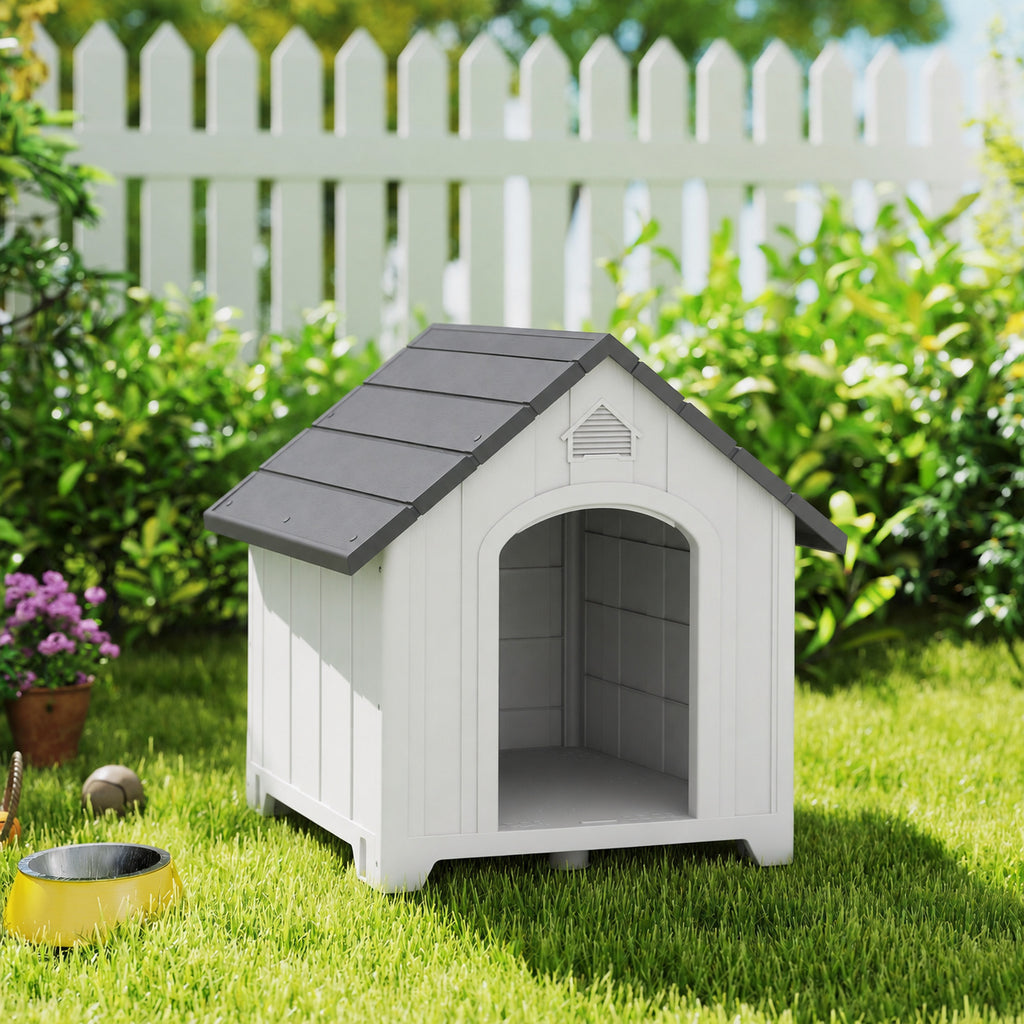 Niche pour chien extérieur, maison chien en polypropylène imperméable ventilé plancher surélevé 66x55x65cm gris clair-1