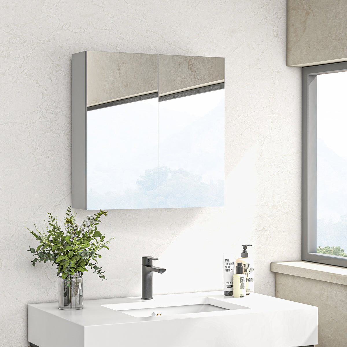 Armoire murale de salle de bain miroir placard de rangement 2 portes 3 niveaux étagère réglable 60 x 15 x 60 cm blanc-1