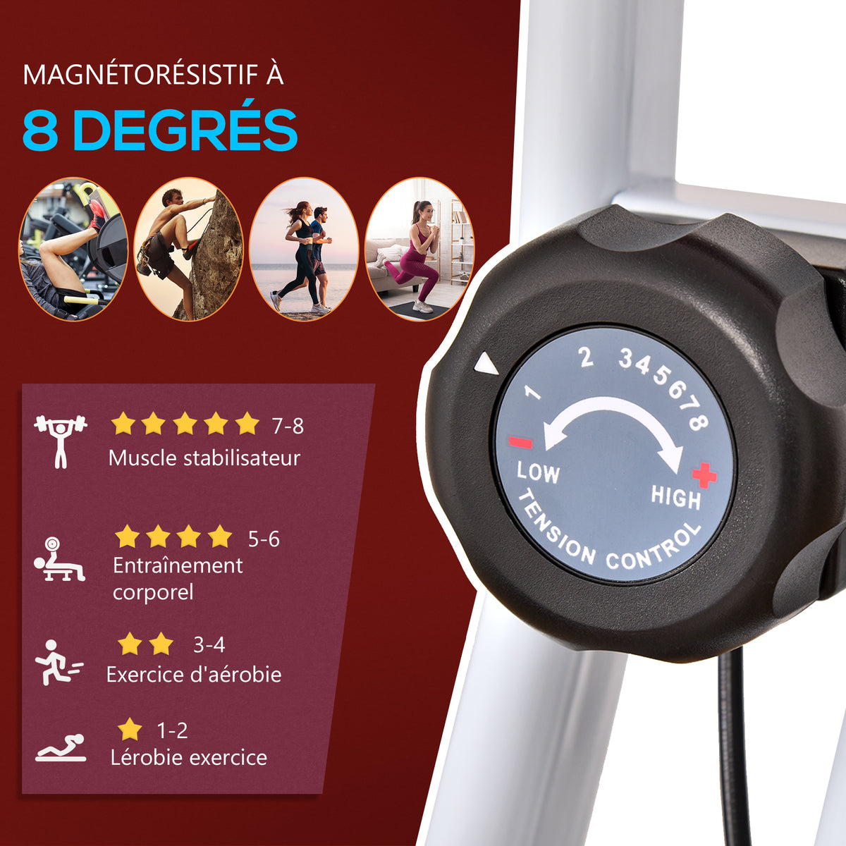 Vélo d'Appartement Pliable Magnétique Cardio-training - Sport Maison avec 8 Niveaux de Résistance et Roulettes - Silencieux Home Trainer avec Capteur de Pouls pour Fitness Homme et Femme, Rouge-4