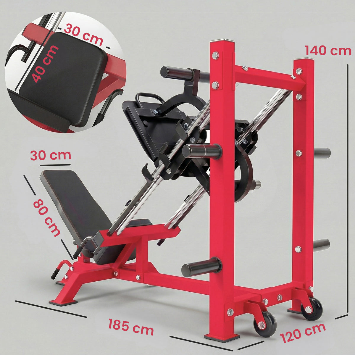 Presse à Cuisses Professionnelle Machine Musculation Jambes et Hack Squat 455kg Appareil Réglable 185x120x140cm Rouge-2