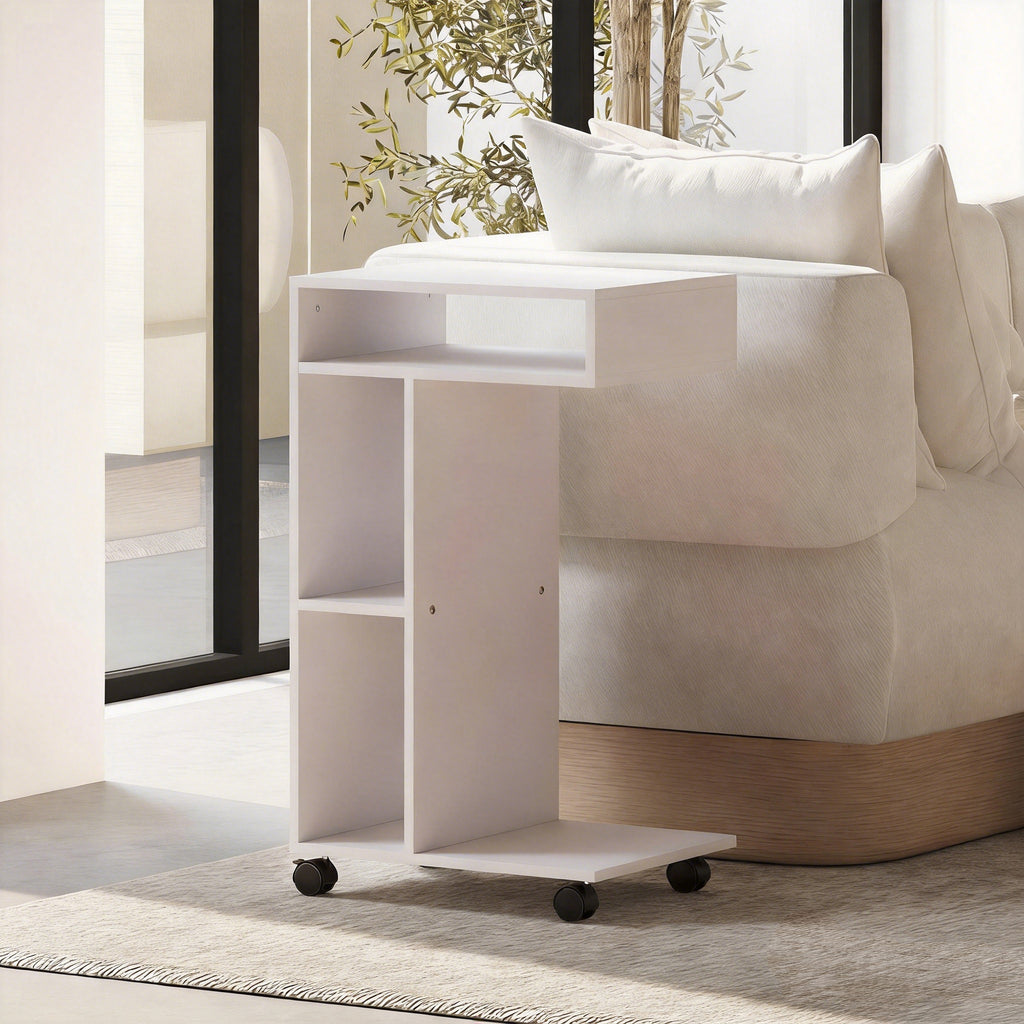 Table d'appoint en forme de C avec roulettes, avec 3 compartiments et 1 étagère ouverte, 40 x 30 x 69 cm, blanc-1