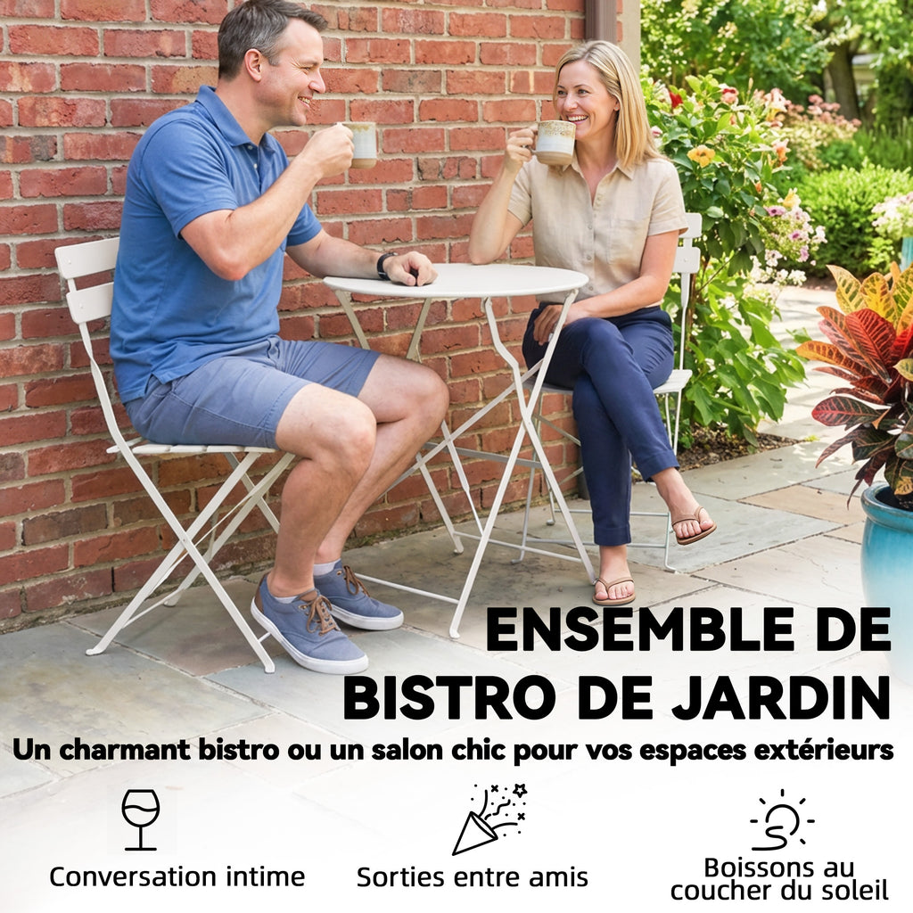 Ensemble Bistrot de Jardin 3 Pièces Table et 2 Chaises Pliantes à Lattes Double Protection Antirouille Crème-4