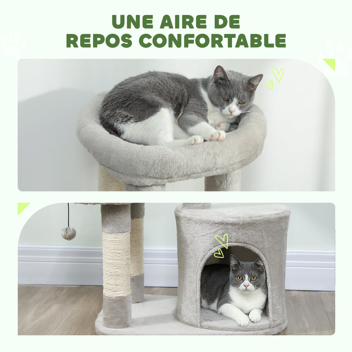 Arbre à chat tour de jeux pour chats griffoirs, plate-forme, niche, balle, tissu peluche, 60 x 45 x 90 cm, gris clair-4